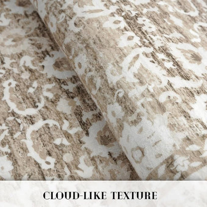 Vintage 4x6 Living Room Washable Rug, Beige Tan White Non-Slip Soft Bedroom Area Rug Thin Printed Faux Wool Floor Super Soft Carpet Throw Rugs for Nursery Playroom Dining Room Indoor Office