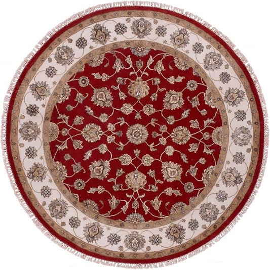 Exotic Red Hand Knotted All Over Leaf Pattern Wool and Silk Rajasthan Design Round Rug (6'x6')