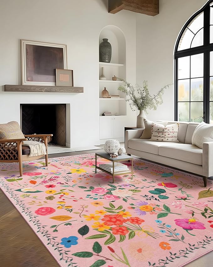 Area Rug 9x12, Washable Large Rugs for Living Room, Non Slip 0.27" Low Pile Vintage Floral Large Carpet for Bedroom, Dining Room, Kids Playroom (Pink)