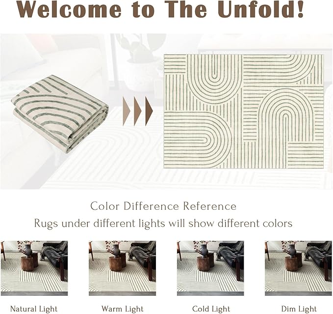 Washable Area Rug 5x7 - Boho Living Room Rug Soft Indoor Carpet Ultra-Thin Sage Green Modern Abstract Rainbow Rugs for Bedroom Dining Room Nursery Classroom Home Decor
