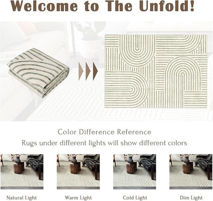 Washable Area Rug 5x7 - Boho Living Room Rug Soft Indoor Carpet Ultra-Thin Sage Green Modern Abstract Rainbow Rugs for Bedroom Dining Room Nursery Classroom Home Decor