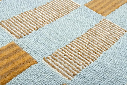 Hand-Tufted Wool Rug with Scalloped Edges, Light Blue Plaid Pattern, Cozy Soft Area Rug for Living Room, Bedroom, and Nursery, Handmade Modern Accent Rug, 5x7 Ft