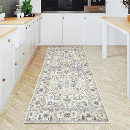 GLN Rugs Traditional Collection - Machine Washable Area Rug, Traditional Washable, Non Slip, Low Pile Chenille Rug, Living Room, Bedroom, Kitchen Rug (2'6" x 7' Cream/Gray)