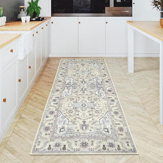 GLN Rugs Traditional Collection - Machine Washable Area Rug, Traditional Washable, Non Slip, Low Pile Chenille Rug, Living Room, Bedroom, Kitchen Rug (2'6" x 7' Cream/Gray)