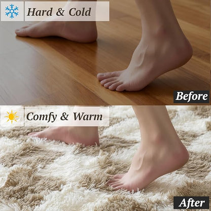 4x6 Area Rugs for Living Room Bedroom, Soft Fluffy Shaggy Bedside Rug, Indoor Floor Carpet for Kids Playroom, Dorms, Nursery Rooms, Home Decor (Camel & White 4'x6')