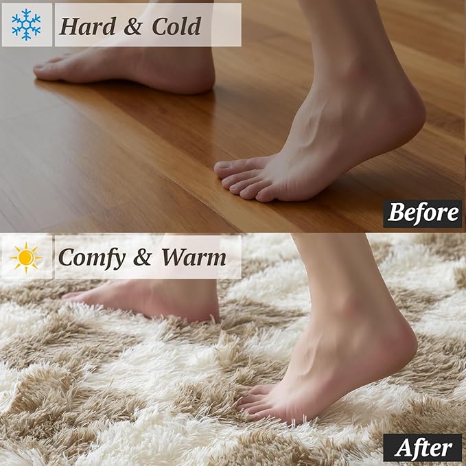 6x9 Area Rugs for Living Room Bedroom, Soft Fluffy Shaggy Bedside Rug, Indoor Floor Carpet for Kids Playroom, Dorms, Nursery Rooms, Home Decor (Camel & White 6'x9')