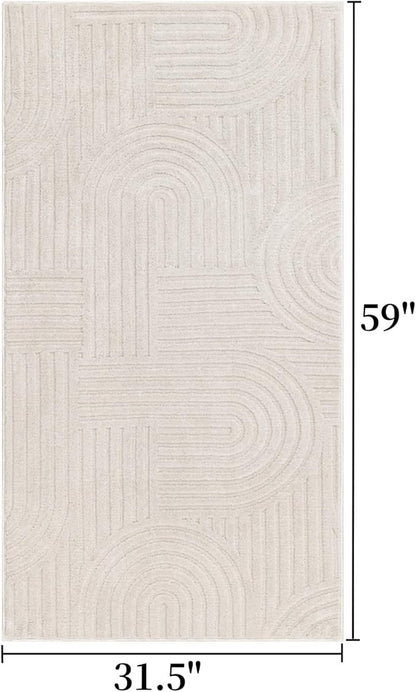 SHACOS Soft Fluffy Arch Pattern Area Rug 2'7"x5' Non Slip Washable Minimalist Modern High-Low Geometric Carpet for Living Room Kitchen Bedroom Bathroom, Beige