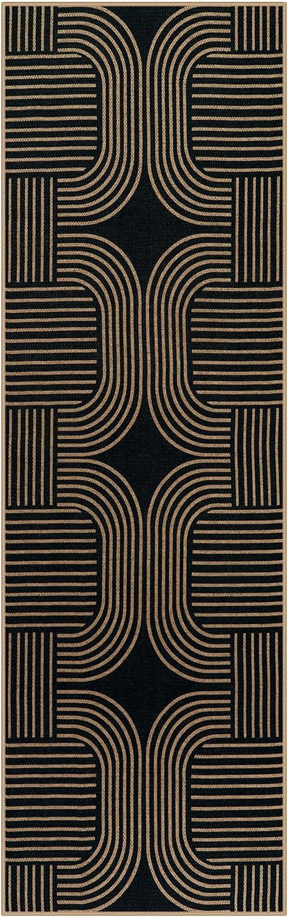 Lahome Modern Geometric Black Runner Rug, 2x8 Indoor Outdoor Hallway Kitchen Runner Rug with Rubber Backing, Farmhouse Washable Non Slip Non Shedding Floor Carpet for Bedroom Entry Patio