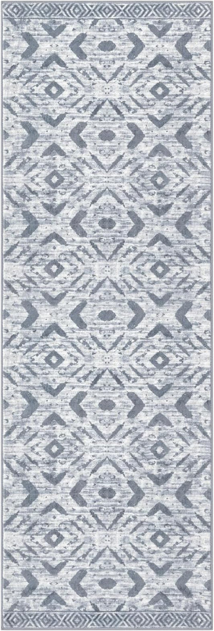KILOCOCO Hallway Runner Rug 2.6'x8' Washable Printed Moroccan Runner Rugs Non Slip Entryway Rugs Soft Indoor Long Floor Rug for Bedroom Kitchen Living Room Geometric Boho Carpet Runners, Grey White