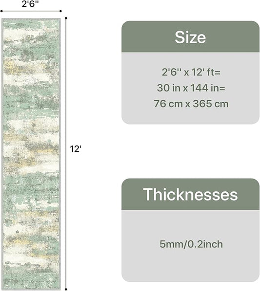 GENIMO Runner Rug Non Slip 2'6"x12', Washable Rug Runner for Hallways Kitchen, Abstract Modern Kitchen Rugs, Low Pile Lightweight Carpet Runners for Entryway, Bedroom, Laundry, Light Green