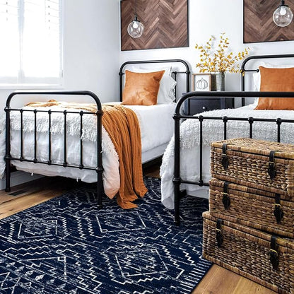 Wonnitar Moroccan Washable Rug 3x5, Blue Non-Slip Entryway Area Rug, Soft Farmhouse Bedroom Throw Mat, Geometric Low Pile Scandinavian Accent Carpet for Entry Kitchen Basement (Blue,3'x5')