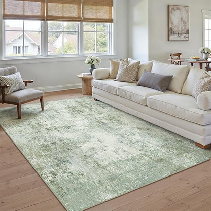 5x7 Washable Area Rug Sage Green Abstract Living Room Bedroom Carpet Neutral Modern Non-Slip Soft Low Pile Lightweight Vacuumable Throw Rug for Dining Room Entryway