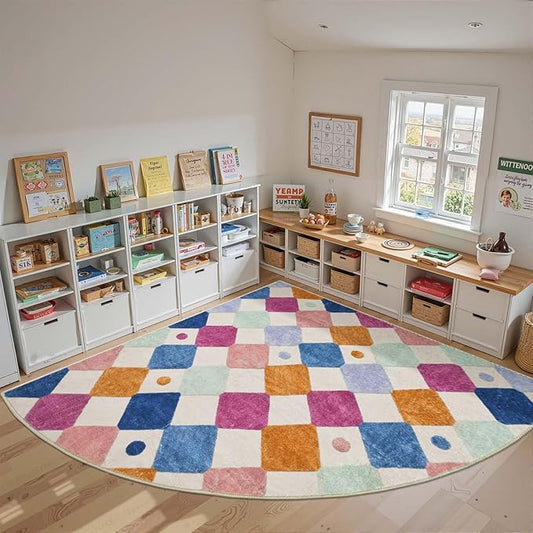 jinchan Macy Kids Rug for Classroom 8ft Radius Corner Washable Area Rug Modern Colorful Quarter Circle Rug Soft Non-Slip Carpet for Nursery Playroom Daycare Reading Nook Living Room Berries on Cream