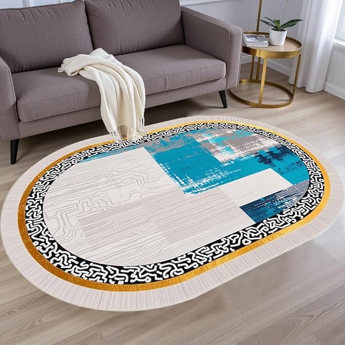 Vintage Luxury Grey Blue Gold Abstract Geometric Texture Oval Area Rug 7x9 for Living Room Bedroom Dining Room Minimalist Bordered Large Rugs Nursery Dorm Kitchen Entryway Soft Non Skid Floor Carpet
