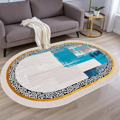 Vintage Luxury Grey Blue Gold Abstract Geometric Texture Oval Area Rug 6x8 for Living Room Bedroom Dining Room Minimalist Bordered Large Rugs Nursery Dorm Kitchen Entryway Soft Non Skid Floor Carpet