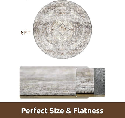 AMOAMI-6FT Round Rug-Rugs for Living Room-Vintage Soft Grey Rugs for Bedroom-Non Slip Circle Rug-Machine Washable Rug for Dining Room Living Room Bedroom Office Under Table