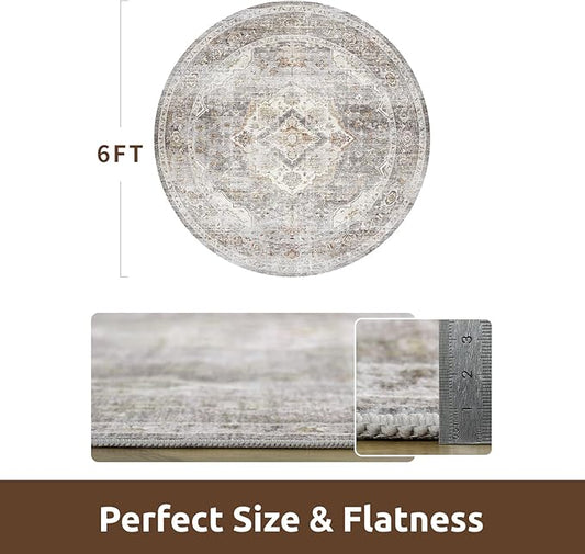 AMOAMI-6FT Round Rug-Rugs for Living Room-Vintage Soft Grey Rugs for Bedroom-Non Slip Circle Rug-Machine Washable Rug for Dining Room Living Room Bedroom Office Under Table