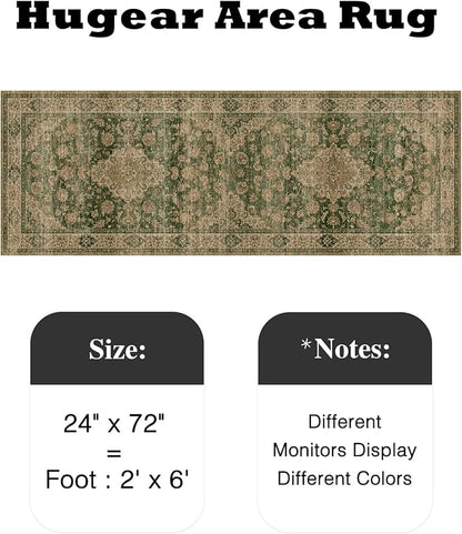 HUGEAR 2x6 Runner Rug Hallway Machine Washable Retro Green Vintage Floral Low Pile Carpet Distressed Long Throw Rug Bedroom Office Bathroom Kitchen Laundry Non Slip Soft Lightweight