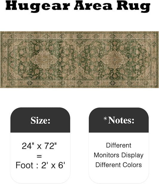 HUGEAR 2x6 Runner Rug Hallway Machine Washable Retro Green Vintage Floral Low Pile Carpet Distressed Long Throw Rug Bedroom Office Bathroom Kitchen Laundry Non Slip Soft Lightweight