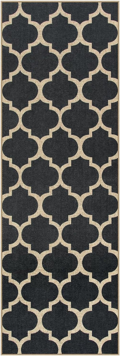 Lahome Moroccan Easy Jute Runner Rug 2x6, Black Washable Runner Rugs for Outdoor Porch Kitchen, Geometric Trellis Woven Long Carpet for Laundry, Thin Non Slip Farmhouse Porch Decor