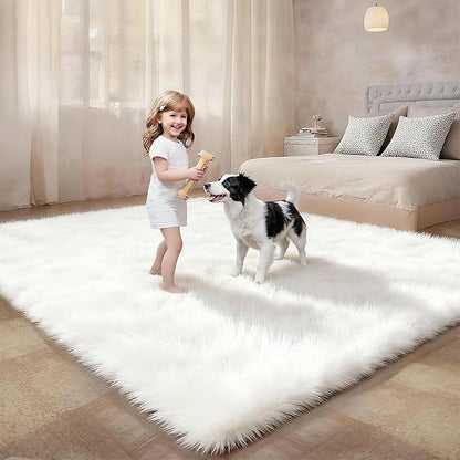 5x7 Solid Fluffy White Area Rug – Washable, Durable,Large Living Room Rug, Non-Slip High Pile Shag Rugs for Bedroom, Bedside, Dorms, Nursery Rooms, Kids Room, Soft Indoor Floor Carpet Decor