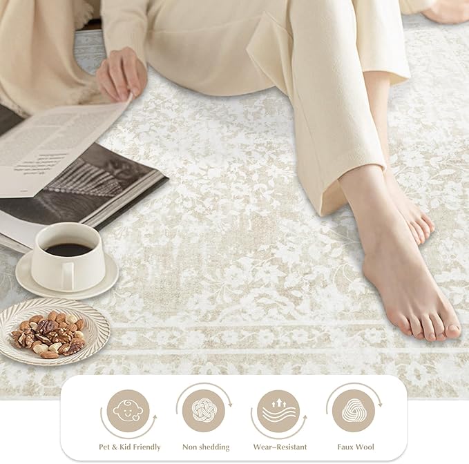 Area Rug 4x6 Entryway Rugs - Machine Washable Vintage Boho Area Rug Non-Slip Bedroom Rugs Soft Stain Resistant Living Room Carpet, Floral Distressed Rug for Dining Room Office(Cream Beige, 4'x6')