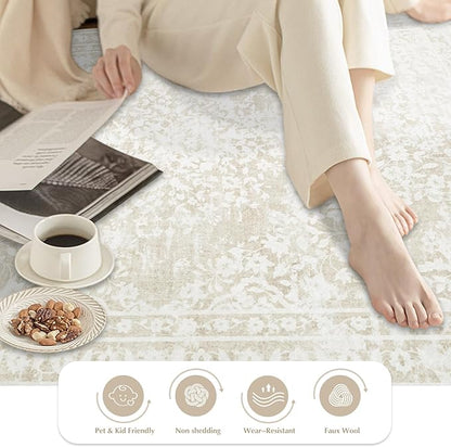 Vintage Living Room Area Rug - 6x9 Large Machine Washable Boho Area Rug Distressed Floral Rugs for Bedroom, Soft Non-Slip Indoor Floor Accent Rugs for Office Dining Room (Cream Beige, 6'x9')