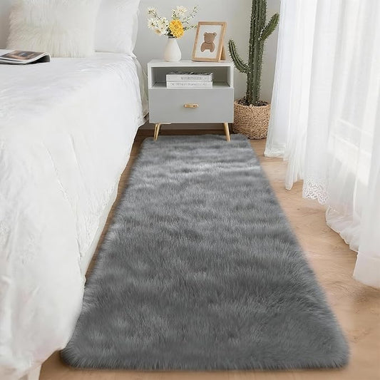 2x6 Solid Fluffy Grey Area Rug – Washable, Durable, Small Bedroom Runner Rug, Non-Slip Shag Rugs for Hallway, Living Room, Bedroom, Bedside, Dorms, Kids Room, Nursery Rooms, Soft Indoor Carpet