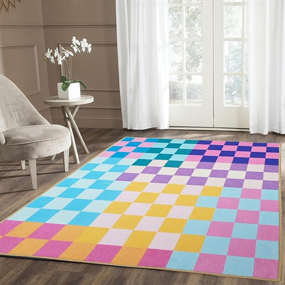 Multicolored Checkered Rug 3x5 Washable Ultra-Thin Funky Bedroom Rug Non-Slip Soft Multicolored Stain Resistant Carpet for ‎Dining Room Office