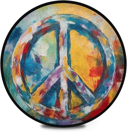 Non-Slip Round Rug, Washable Indoor/Outdoor Carpet with Boho-Style Peace Sign Painting Perfect for Bedroom, Living Room, Entryway and Dining Room Under Table.