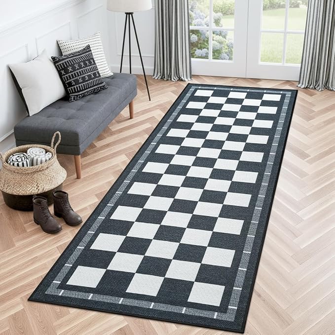 Vasofe Jute Checkered Runner Rug, 2x6 Black and White Washable Rugs, Modern Runners for Hallway Non-Slip Kitchen Mat, Farmhouse Checkerboard Indoor Outdoor Carpet for Porch Laundry Entryway