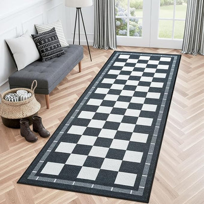 Vasofe Jute Checkered Runner Rug, 2x6 Black and White Washable Rugs, Modern Runners for Hallway Non-Slip Kitchen Mat, Farmhouse Checkerboard Indoor Outdoor Carpet for Porch Laundry Entryway