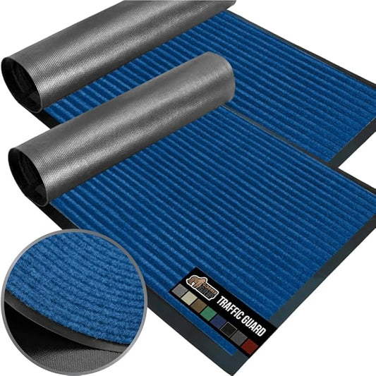 GORILLA GRIP Waterproof Traffic Guard Door Mat, 2 Pack Heavy Duty Entryway Mats, Strong Rubber Back Commercial Utility Rugs for Office Hallway, Garage Floor and Home, Low Profile Carpet, 35x23, Blue