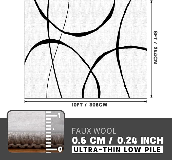 YIHOUSE Modern Washable 8'x10' Area Rug for Living Room Bedroom - Large Abstract Black and White Rug Non-Slip Ultra-Thin Home Decor,Curve,8x10ft