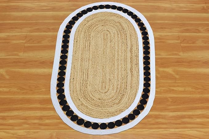 Flatweave Runner 3x15 Oval Kilim Jute Runner Hand Braided Jute Thick 0.27" Solid Pattern Black Beige Natural Oval Handmade Boho Indoor Outdoor Rugs for Hallway Enterway Stair Corridor
