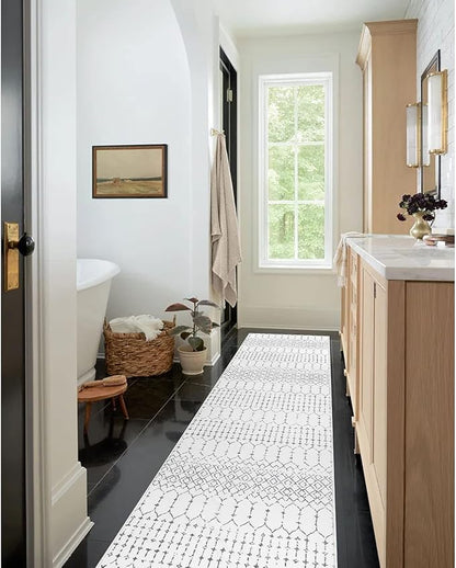 Lahome Moroccan Kitchen Runner Rug - 2x8 Non-Slip Washable Hallway Rug Runner Ultra-Thin Soft Throw Bathroom White Print Distressed Carpet for Entryway Laundry Room Living Room