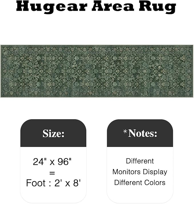 HUGEAR 2x8 Runner Rug Machine Washable Dark Green Hallway Area Rug Indoor Floral Low Pile Carpet Soft Throw Rugs Bedroom Living Room Office Dining Kitchen Laundry Non Slip