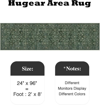 HUGEAR 2x8 Runner Rug Machine Washable Dark Green Hallway Area Rug Indoor Floral Low Pile Carpet Soft Throw Rugs Bedroom Living Room Office Dining Kitchen Laundry Non Slip