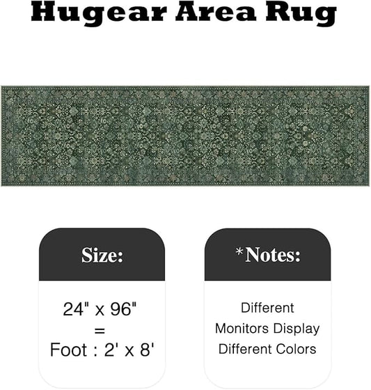 HUGEAR 2x8 Runner Rug Machine Washable Dark Green Hallway Area Rug Indoor Floral Low Pile Carpet Soft Throw Rugs Bedroom Living Room Office Dining Kitchen Laundry Non Slip