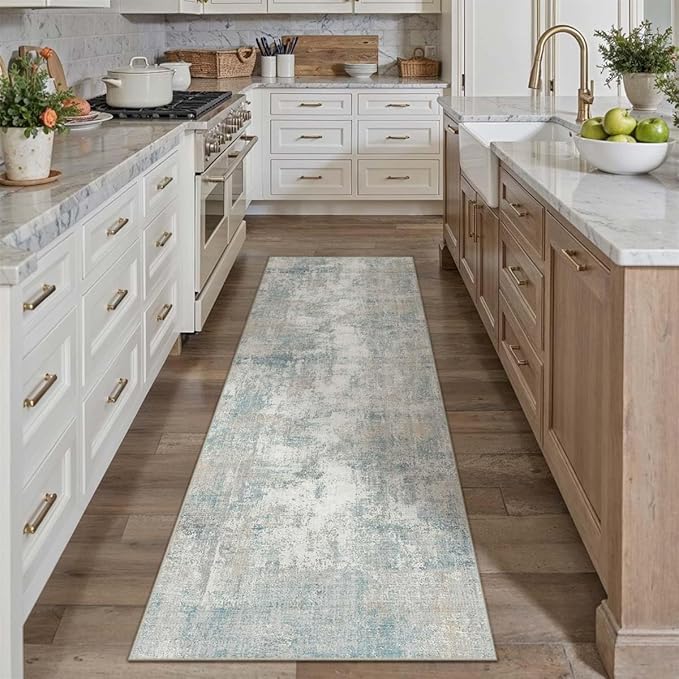 2x7 Washable Runner Rug Blue Cream Abstract Hallway Kitchen Throw Rug Neutral Modern Non Slip Soft Low Pile Lightweight Carpet for Bathroom Laundry Bedroom Living Room