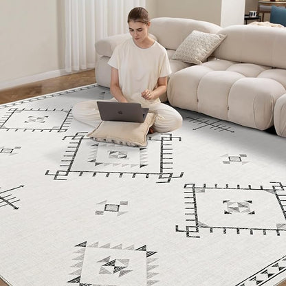 ILANGO Area Rug 9'x12' for Living Room Bedroom Washable Moroccan Boho Rugs for High Traffic Area Non Slip & Non-Shedding Rugs Fade Resistant Carpet for Kitchen Office (White)