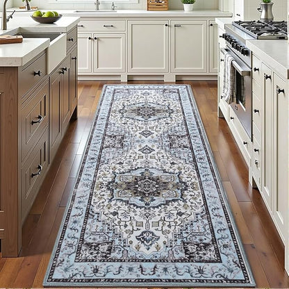 Runner Rug 2×6, Machine Washable Non-Slip Vintage Area Rug, Low Pile, Indoor Carpet Printed Floral Rugs for Living Room, Entryway, Kitchen, Bedroom,Blue