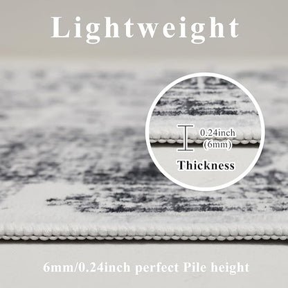 Washable Rugs 5x7 Area Rugs for Living Room, Thin Carpet for Bedroom, Soft Faux Wool Retro Dining Room Rug，Non Slip&Non-Shedding Resistant Low Pile Vintage Print Rug for Home Office (White/Grey)