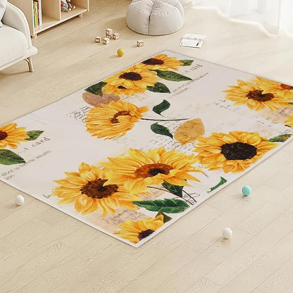 Sunflower Machine Washable Area Rug 4' x 6', Soft Non Slip Botanical Accent Floral Indoor Rugs, Vintage Rugs for Living Room Bedroom Floor Carpet Yoga Mat Home Office