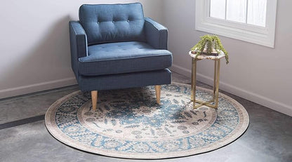 Unique Loom Salzburg Collection Classic Traditional Design Oriental Inspired Border Area Rug (8' 0 x 8' 0 Round, Beige/Blue)