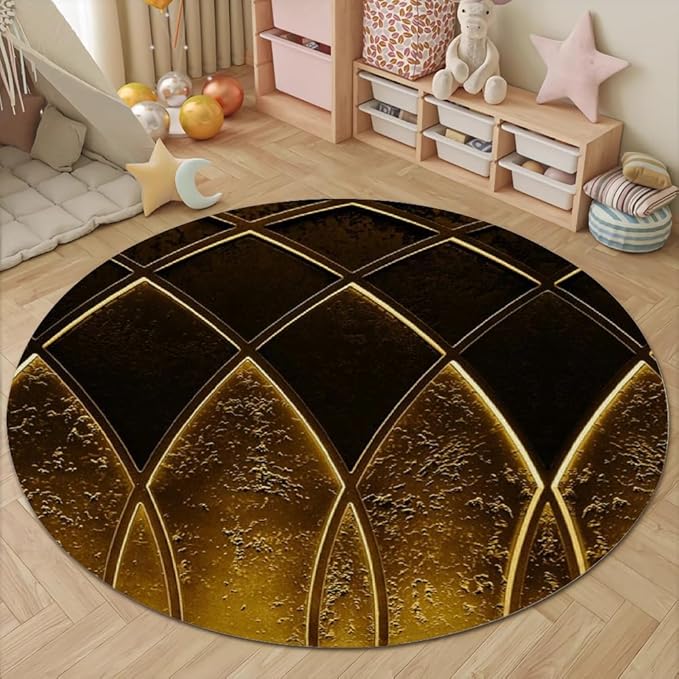 Luxury Black Gold Round Rug Vintage Golden Texture Living Room Circle Area Rugs 8ft Washable Soft Non Slip Low Pile Indoor Floor Carpet for Bedroom Office Kitchen Coffee Table
