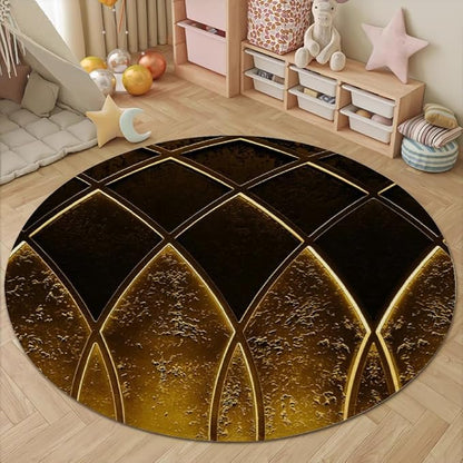 Luxury Black Gold Round Rug Vintage Golden Texture Living Room Circle Area Rugs 8ft Washable Soft Non Slip Low Pile Indoor Floor Carpet for Bedroom Office Kitchen Coffee Table