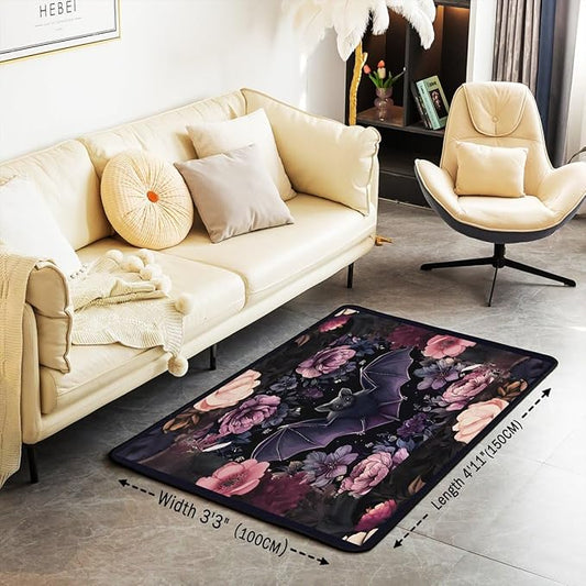 Black Floral Bat 3x5 Area Rug Halloween Bats Rugs for Living Room | Boho Flowers Washable Rug, Romantic Plant Gothic Carpet Indoor Floor Mat