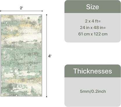 GENIMO 2x4 Entryway Runner Rug, Washable Runners for Kitchen, Indoor Entrance, Bathroom, Low Pile Small Carpet with Non Slip Backing, Abstract Modern Design, Light Green