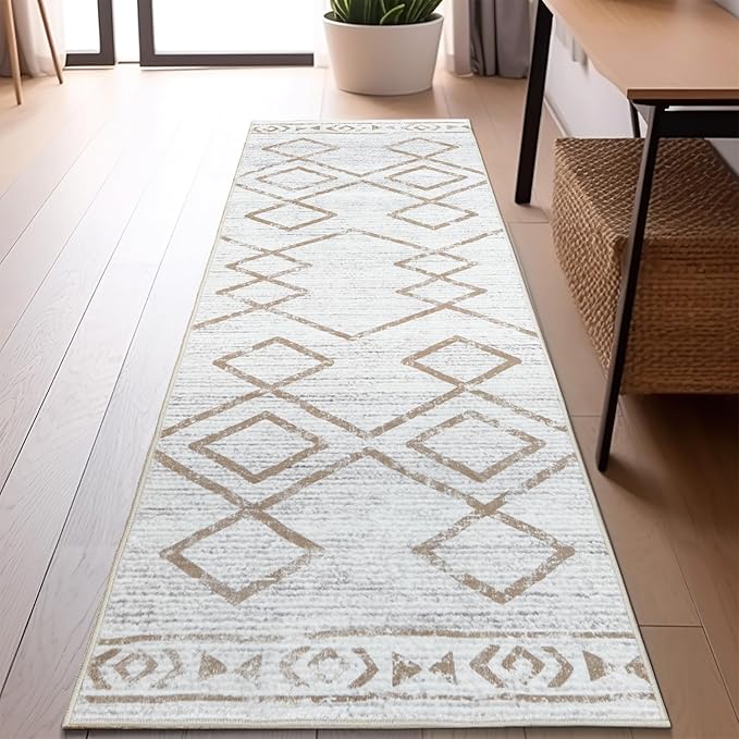 jinchan Moroccan Runner Rug 2x5 - Kitchen Machine Washable Runner Rug Modern Geometric Soft Low-Pile Lightweight Non-Slip Carpet for Entryway Hallway Laundry Room Bedroom Farmhouse (2x5ft, Taupe)